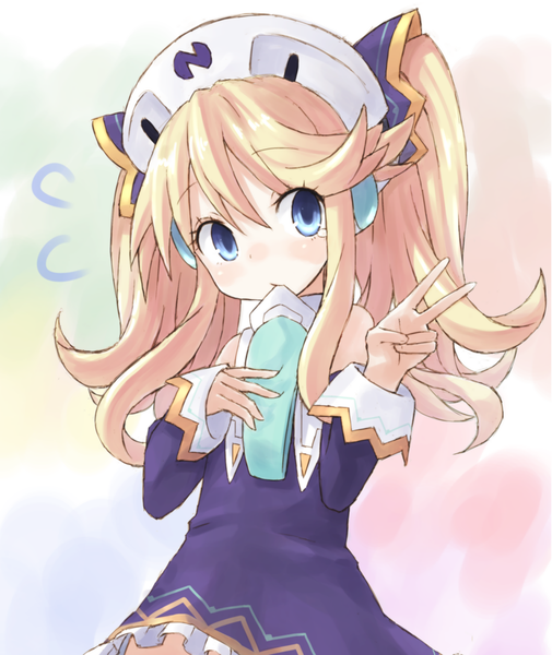 Anime picture 1089x1293 with choujigen game neptune histoire buran (kure) single long hair tall image blush blue eyes blonde hair twintails looking away victory girl dress detached sleeves headdress