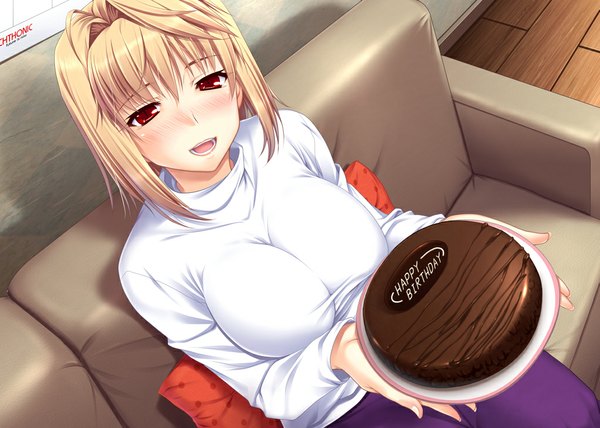 Anime picture 1023x730 with shingetsutan tsukihime type-moon arcueid brunestud miyai max single looking at viewer blush short hair breasts open mouth light erotic blonde hair red eyes large breasts girl sweets couch cake