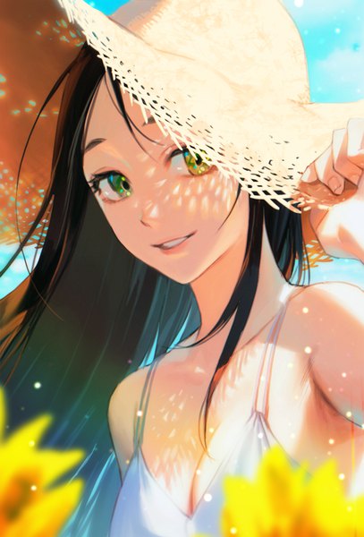 Anime picture 800x1178 with original on (onon2659) single long hair tall image looking at viewer black hair smile green eyes cleavage upper body adjusting hat girl hat straw hat