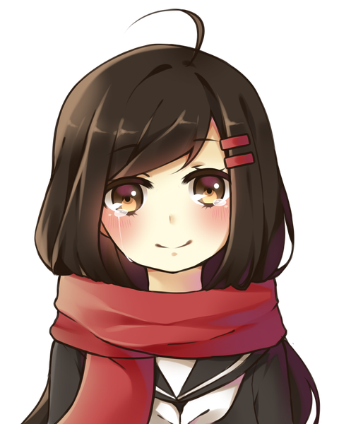 Anime picture 2400x3000 with kagerou project shaft (studio) tateyama ayano miyiou single long hair tall image looking at viewer blush fringe highres smile brown hair brown eyes upper body ahoge head tilt tears transparent background crying