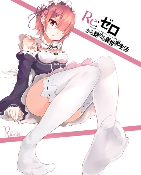 Anime picture 1200x1480 with re:zero kara hajimeru isekai seikatsu white fox ram (re:zero) silver (chenwen) single tall image blush fringe short hair light erotic simple background red eyes white background sitting signed looking away pink hair long sleeves parted lips head tilt