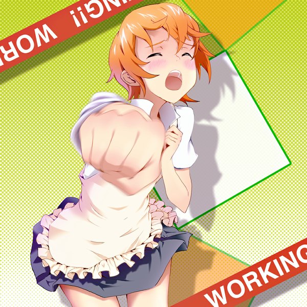 Anime picture 1000x1000 with working!! a-1 pictures inami mahiru bun150 single blush short hair open mouth eyes closed orange hair inscription shadow waitress girl skirt apron fist
