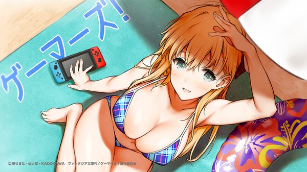 Anime picture 1832x1031 with gamers! nintendo pine jam tendou karen saboten single long hair blush highres breasts light erotic blonde hair wide image large breasts arm up aqua eyes from above copyright name end card girl
