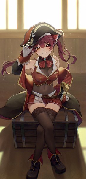 Anime picture 989x2048 with virtual youtuber hololive houshou marine houshou marine (1st costume) lunia single long hair tall image looking at viewer fringe smile hair between eyes sitting twintails full body red hair indoors midriff zettai ryouiki heterochromia