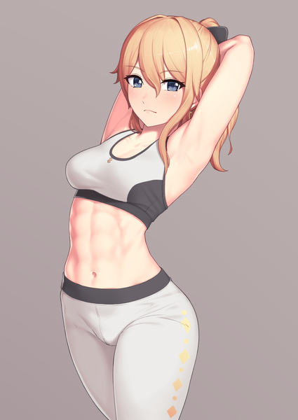 Anime picture 860x1214 with genshin impact jean gunnhildr putchers single long hair tall image looking at viewer blush fringe breasts blue eyes light erotic simple background blonde hair hair between eyes standing ponytail grey background arms up armpit (armpits)
