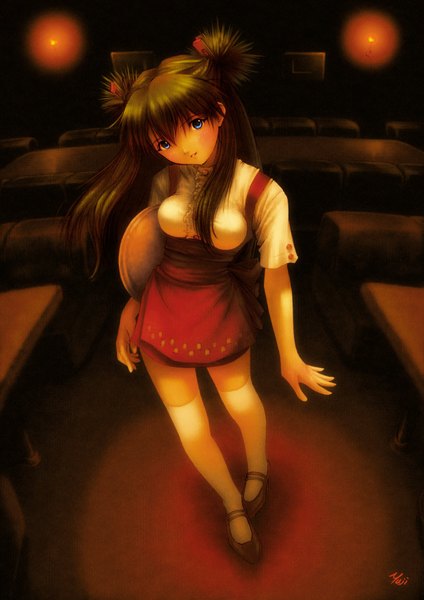 Anime picture 1240x1754 with neon genesis evangelion rebuild of evangelion evangelion: 2.0 you can (not) advance end of evangelion gainax soryu asuka langley shikinami asuka langley kobayashi yuji single long hair tall image looking at viewer fringe breasts blue eyes brown hair standing twintails signed light smile