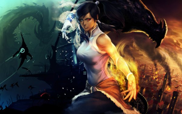 Anime picture 1440x900 with avatar: the legend of korra korra long hair fringe open mouth blue eyes black hair red eyes wide image ponytail realistic heterochromia city magic girl water fire