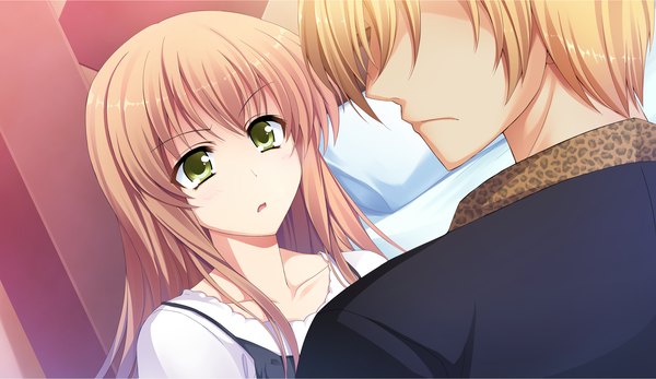 Anime picture 2660x1540 with atled everlasting song long hair highres brown hair wide image green eyes game cg couple girl boy