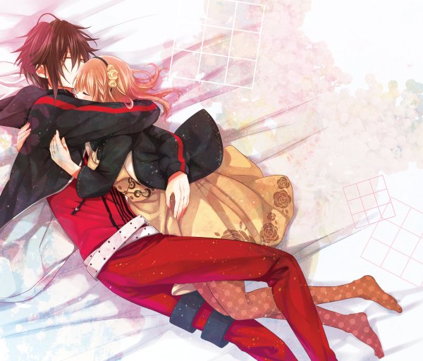 Anime picture 1200x1024 with amnesia idea factory heroine (amnesia) shin (amnesia) natsu samako blush fringe short hair brown hair bent knee (knees) lying braid (braids) eyes closed from above open clothes open jacket hug on side sleeping girl