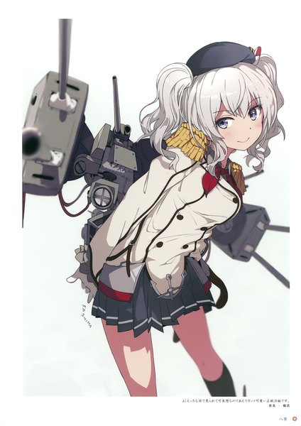 Anime picture 2472x3500 with kantai collection milky been! (ogipote) - kancolle "heroine" eshuu kashima training cruiser ogipote single long hair tall image fringe highres smile standing silver hair long sleeves pleated skirt blurry scan grey eyes leaning two side up depth of field