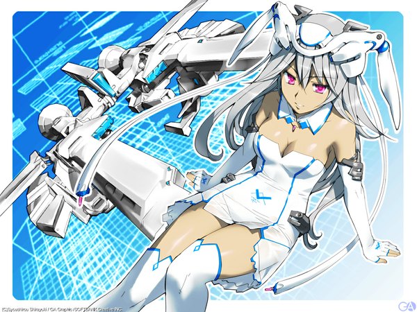 Anime picture 1024x768 with gagraphic shirayuki shoushirou single long hair fringe light erotic hair between eyes cleavage silver hair pink eyes from above arm support mecha musume girl dress gloves white dress fingerless gloves detached collar