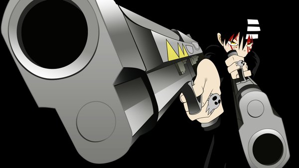 Anime picture 4000x2250 with soul eater studio bones death the kid looking at viewer fringe highres short hair black hair simple background wide image standing holding yellow eyes absurdres multicolored hair two-tone hair wallpaper streaked hair serious dual wielding