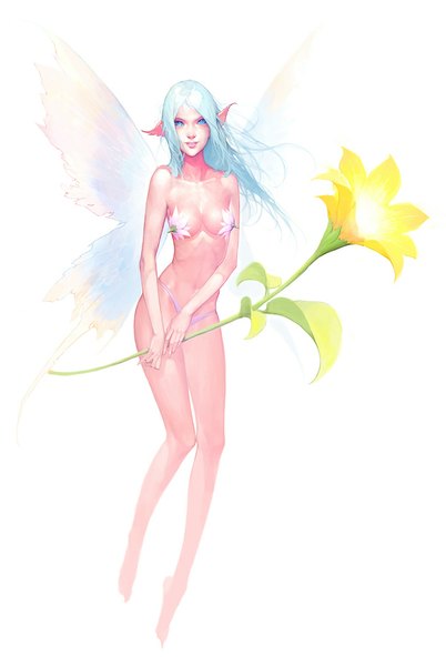 Anime picture 707x1055 with original holdeen single long hair tall image looking at viewer blue eyes light erotic simple background white background bare shoulders blue hair pointy ears elf insect wings butterfly wings girl navel underwear panties