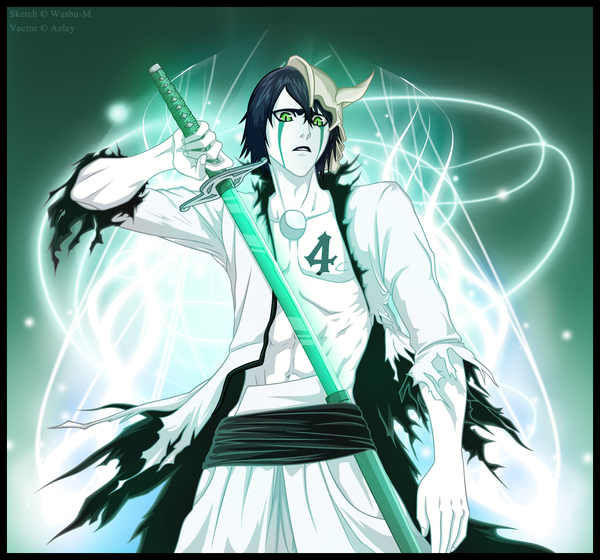 Anime picture 1210x1130 with bleach studio pierrot ulquiorra schiffer azley single short hair black hair green eyes japanese clothes tattoo coloring torn clothes magic light muscle framed green background espada boy weapon