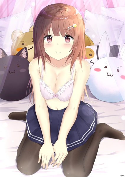 Anime picture 1191x1684 with original arupisu (shintea) single long hair tall image looking at viewer blush fringe breasts light erotic smile red eyes brown hair sitting bare shoulders signed payot cleavage full body indoors