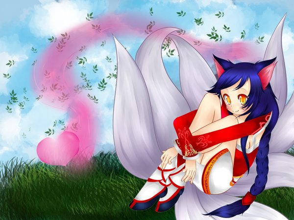 Anime picture 1400x1050 with league of legends ahri (league of legends) kiyaii single long hair blush smile animal ears yellow eyes blue hair looking away multiple tails bad proportions girl detached sleeves