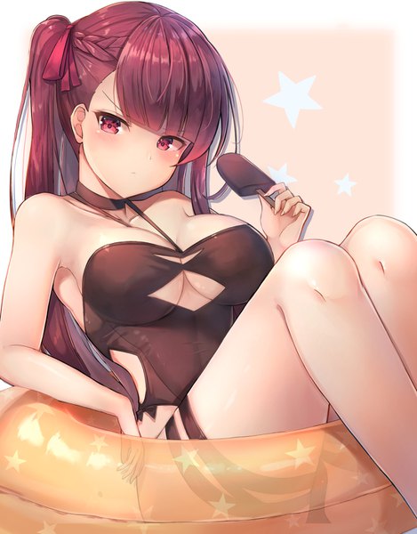 Anime picture 1100x1405 with girls frontline wa2000 (girls frontline) motokonut single long hair tall image looking at viewer blush fringe breasts light erotic simple background red eyes large breasts bare shoulders holding cleavage purple hair bent knee (knees) blunt bangs