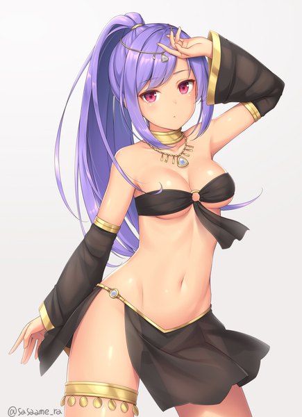 Anime picture 740x1020 with original sasaame single long hair tall image looking at viewer blush fringe breasts light erotic simple background standing bare shoulders signed payot cleavage purple hair ponytail traditional clothes head tilt
