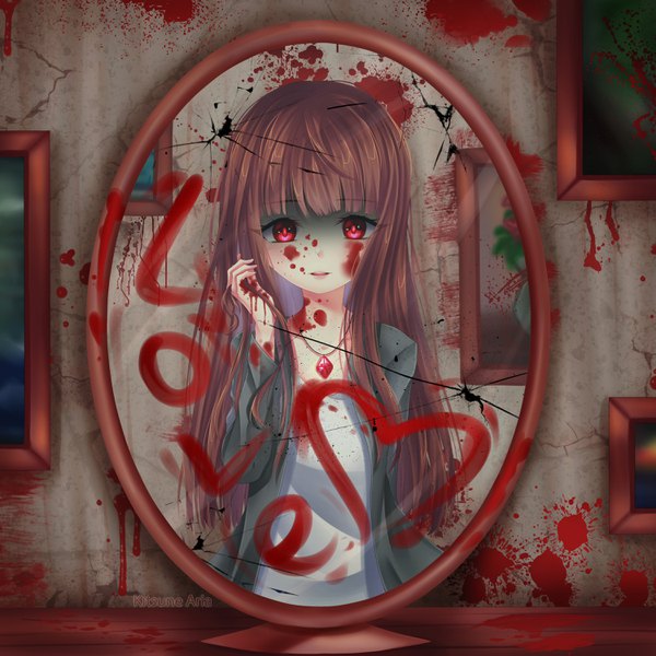 Anime picture 3000x3000 with original alterka single long hair looking at viewer blush fringe highres open mouth red eyes brown hair standing signed indoors blunt bangs inscription open clothes shaded face pov blood on face