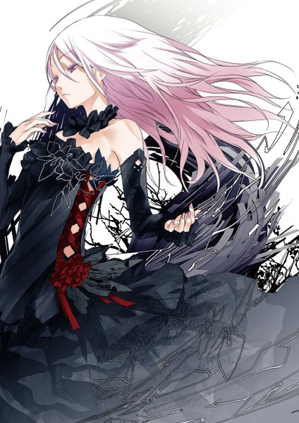 Anime picture 1700x2408 with guilty crown production i.g yuzuriha inori redjuice single long hair tall image red eyes bare shoulders looking away pink hair pink eyes girl dress detached sleeves black dress