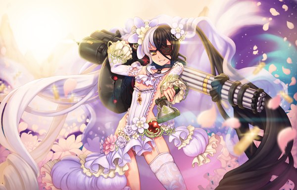 Anime picture 1680x1080 with blade & soul po hwa ran (blade & soul) ecell (artist) single looking at viewer black hair twintails yellow eyes white hair very long hair multicolored hair two-tone hair girl thighhighs dress flower (flowers) weapon petals white thighhighs gun