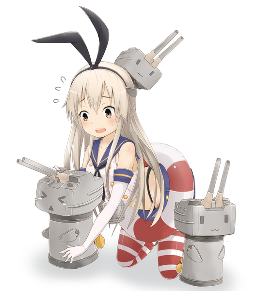 Anime picture 1240x1408 with kantai collection shimakaze destroyer rensouhou-chan ray-en long hair tall image blush open mouth bare shoulders white hair black eyes midriff girl thighhighs gloves navel bow ribbon (ribbons) weapon hair bow