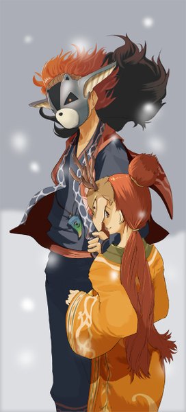 Anime picture 550x1210 with okami kaipoku okikurumi alcw long hair tall image looking at viewer simple background smile brown hair standing brown eyes traditional clothes japanese clothes looking back wind from behind grey background hand on hip snowing