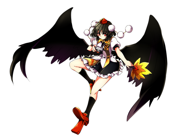 Anime picture 5882x4687 with touhou shameimaru aya baba (baba seimaijo) single looking at viewer highres short hair black hair smile red eyes absurdres full body short sleeves puffy sleeves transparent background black wings girl skirt hat wings