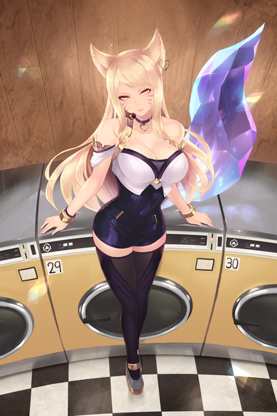 Anime picture 3543x5315 with league of legends k/da (league of legends) ahri (league of legends) k/da ahri cait single long hair tall image looking at viewer blush fringe highres breasts light erotic blonde hair large breasts standing bare shoulders animal ears yellow eyes