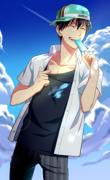 Anime picture 734x1200 with yowamushi pedal bianchi (company) arakita yasutomo natsuko (bluecandy) single tall image fringe short hair black hair hair between eyes looking away sky cloud (clouds) one eye closed open shirt summer boy uniform school uniform shirt