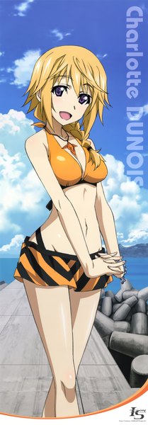 Anime picture 2000x5718 with infinite stratos 8bit charles dunois single long hair tall image looking at viewer highres open mouth light erotic blonde hair purple eyes sky cloud (clouds) girl navel swimsuit bikini bikini skirt