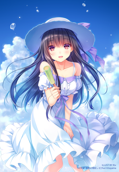 Anime picture 692x1000 with seirei gensouki ayase miharu riv single long hair tall image looking at viewer blush fringe breasts open mouth black hair smile hair between eyes standing purple eyes bare shoulders holding signed sky
