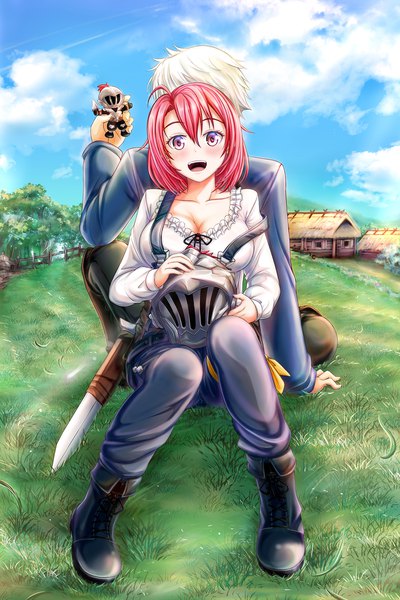 Anime picture 1518x2274 with goblin slayer! white fox goblin slayer cow girl (goblin slayer!) zen mine tall image looking at viewer blush fringe short hair breasts open mouth blonde hair smile hair between eyes large breasts sitting purple eyes holding sky