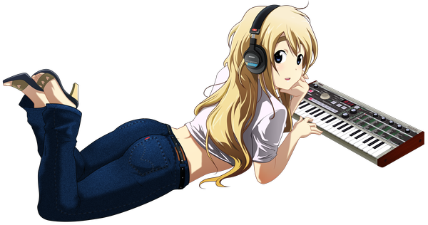 Anime picture 10000x5268 with k-on! kyoto animation kotobuki tsumugi asdf1234qwerty single long hair highres open mouth blue eyes blonde hair wide image absurdres looking back transparent background on stomach incredibly absurdres girl headphones jeans synthesizer