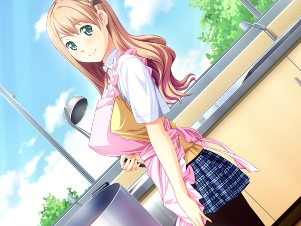 Anime picture 1024x768 with sekisaba! (game) single long hair breasts blonde hair large breasts green eyes game cg dutch angle plaid skirt cooking girl skirt uniform school uniform apron ladle