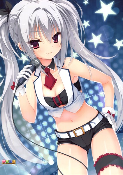 Anime picture 3518x4999 with dracu-riot! yuzusoft elena olegovna owen kobuichi single long hair tall image looking at viewer blush fringe highres light erotic red eyes standing twintails holding absurdres cleavage light smile grey hair