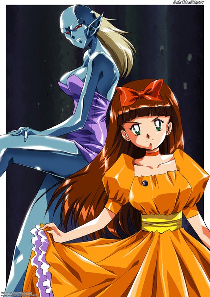 Anime picture 2480x3507 with bishoujo senshi sailor moon toei animation sailor moon monster book derella shiratori mikan hinomars19 long hair tall image looking at viewer fringe highres breasts light erotic blonde hair red eyes brown hair large breasts standing bare shoulders multiple girls