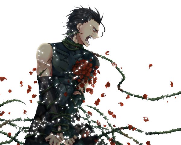 Anime picture 1280x1024 with fate (series) fate/zero studio deen type-moon diarmuid ua duibhne (lancer) (fate) tagme (artist) single black hair tears crying screaming boy flower (flowers) plant (plants) detached sleeves petals blood thorns