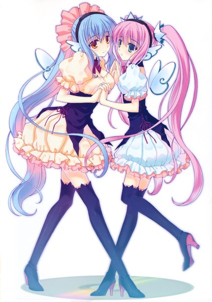 Anime picture 4890x6952 with nanao naru long hair tall image highres blue eyes smile twintails multiple girls blue hair pink hair absurdres cleavage maid orange eyes holding hands eye contact girl thighhighs dress black thighhighs