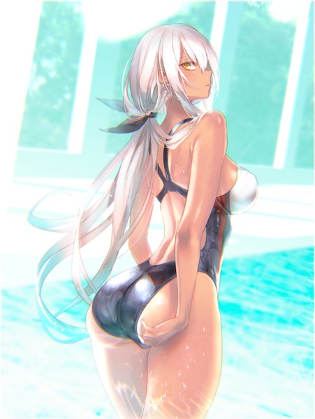 Anime picture 4662x6200 with girls frontline m590 (girls frontline) pottsness single long hair tall image looking at viewer blush fringe highres breasts light erotic hair between eyes standing yellow eyes payot absurdres ass white hair profile