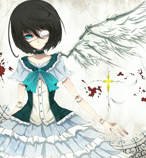 Anime picture 1100x1188 with another p.a. works misaki mei mk278 single tall image short hair blue eyes black hair girl dress wings eyepatch
