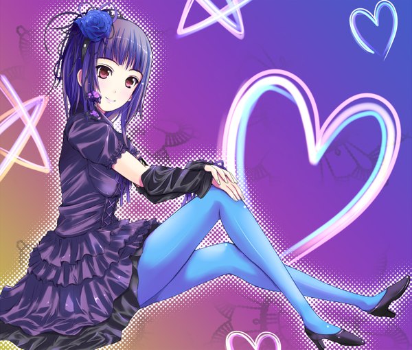 Anime picture 1372x1168 with real life mizuki nana suishin single looking at viewer blush fringe breasts smile sitting purple hair pink eyes hair flower high heels girl dress hair ornament flower (flowers) ribbon (ribbons) pantyhose