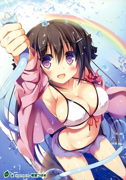 Anime picture 2531x3600 with girls, girls, girls! 10 (artbook) nozomi tsubame single long hair tall image looking at viewer blush highres breasts open mouth light erotic black hair large breasts purple eyes cleavage scan official art girl navel swimsuit