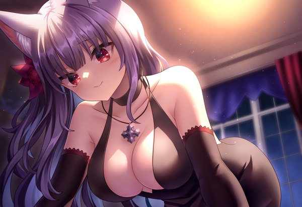 Anime picture 1800x1240 with virtual youtuber melty+ kamishiro natsume neit ni sei single long hair blush fringe highres breasts light erotic smile red eyes large breasts bare shoulders animal ears purple hair indoors blunt bangs hair flower