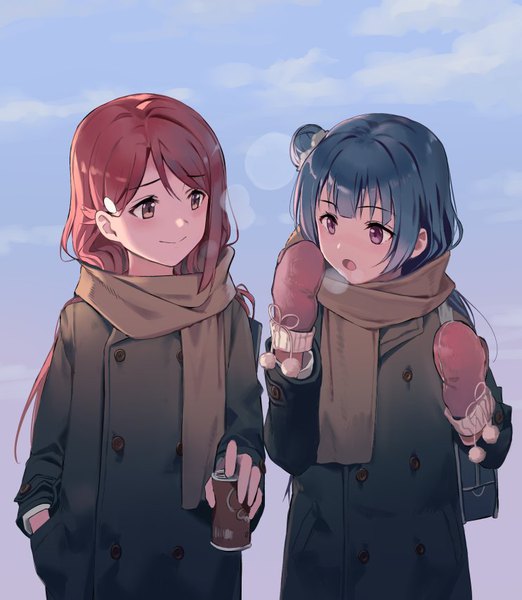 Anime picture 743x854 with love live! sunshine!! sunrise (studio) love live! sakurauchi riko tsushima yoshiko huanxiang heitu long hair tall image open mouth smile purple eyes multiple girls holding brown eyes blue hair looking away sky cloud (clouds) red hair :o