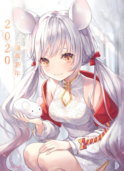 Anime picture 1200x1652 with original soyubee single tall image looking at viewer blush fringe breasts smile twintails bare shoulders holding brown eyes signed animal ears silver hair very long hair traditional clothes blurry off shoulder