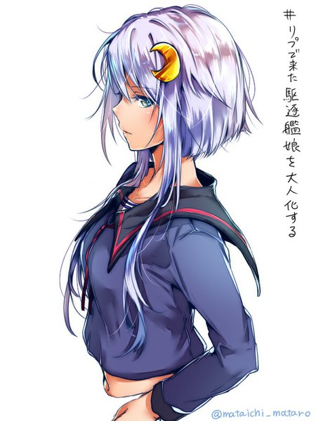 Anime picture 600x800 with kantai collection yayoi destroyer mataichi matarou single tall image looking at viewer fringe short hair blue eyes simple background white background signed purple hair profile inscription crescent girl uniform hair ornament serafuku
