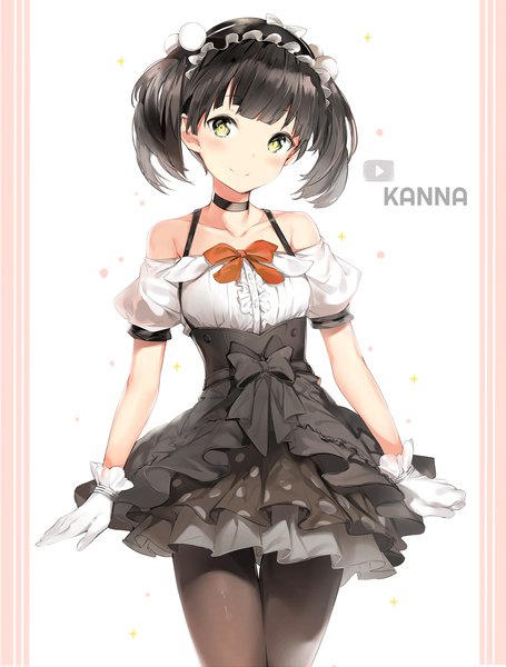 Anime picture 1822x2400 with virtual youtuber kanna channel hakari kanna (kanna channel) silver (chenwen) single tall image blush fringe highres short hair black hair simple background smile standing twintails bare shoulders yellow eyes looking away character names thigh gap