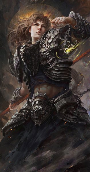 Anime picture 1000x1905 with tian zi single long hair tall image brown hair standing holding looking away head tilt lips from below magic glowing scar battle dust boy weapon armor pendant