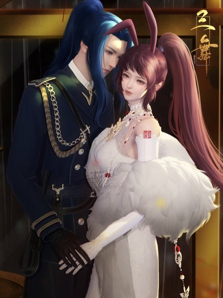 Anime picture 1080x1441 with douluo continent xiao wu tang san lan yin cao bianzhi de jiezhi long hair tall image looking at viewer fringe blue eyes brown hair standing bare shoulders brown eyes signed animal ears payot blue hair looking away ponytail blunt bangs